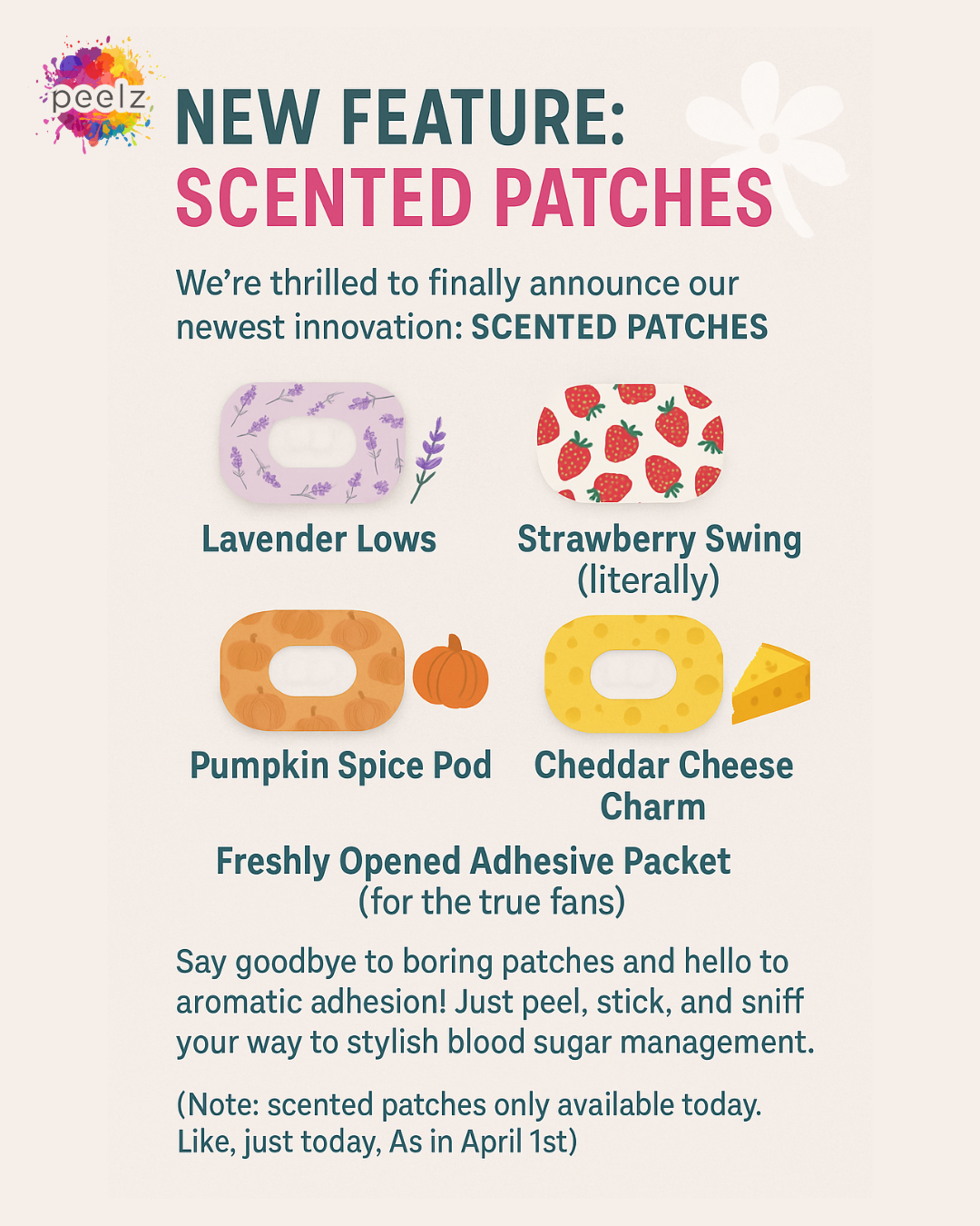 Playful Peelz hero image showing four whimsical scented patch options: Lavender Lows, Strawberry Swing, Pumpkin Spice Pod, and Cheddar Cheese Charm.