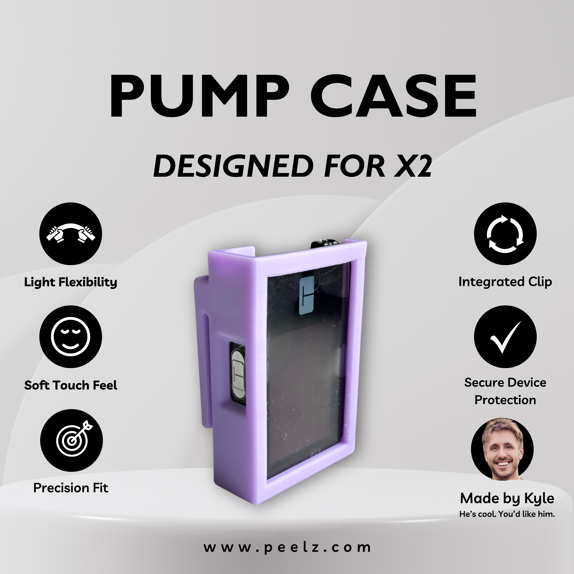 Purple pump case with features listed on a gray background