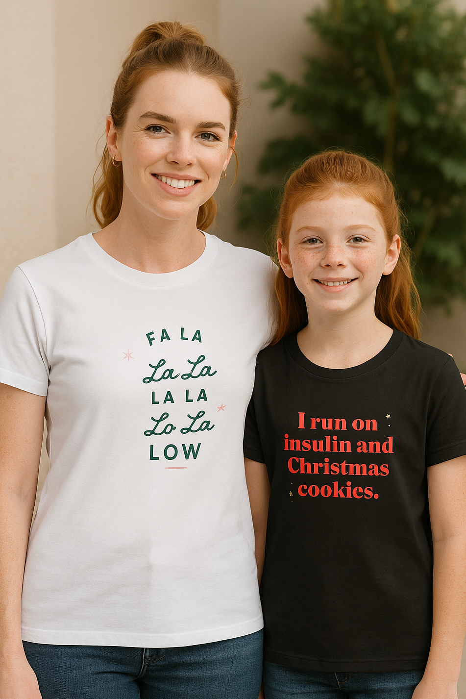 A mother and daughter smile together in a cozy, festive living room. The mother wears a black shirt with red text that reads “I run on insulin and Christmas cookies.” with small gold stars, while the daughter wears a white shirt that says “Fa La La La La La La Low” in green and red holiday lettering. The background features warm lighting and subtle Christmas decor, creating a cheerful and family-oriented holiday atmosphere.
