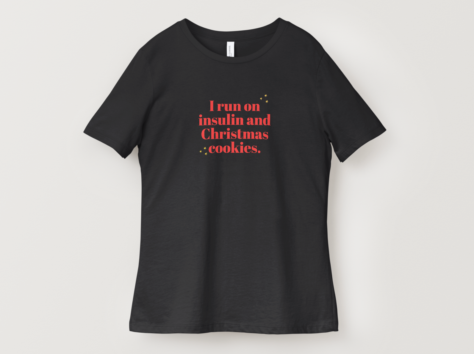 Black t-shirt with red text on a white background