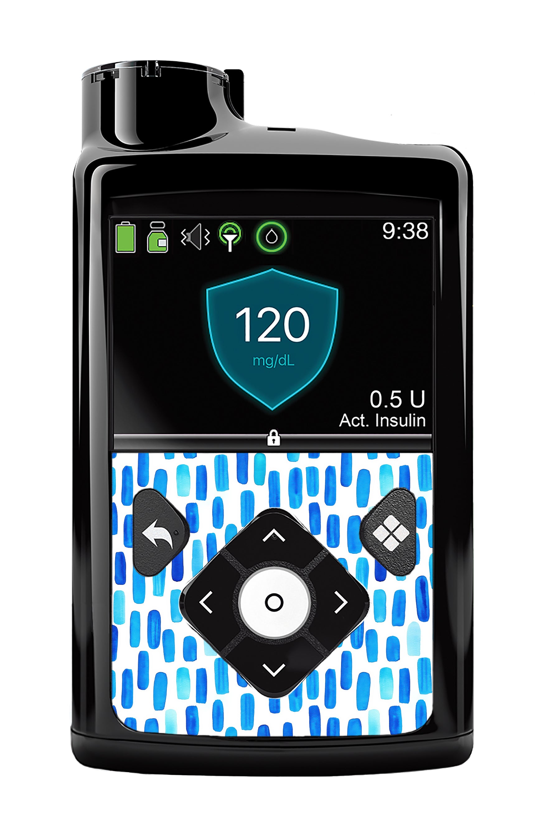 Insulin pump with digital display and blue patterned design on a white background