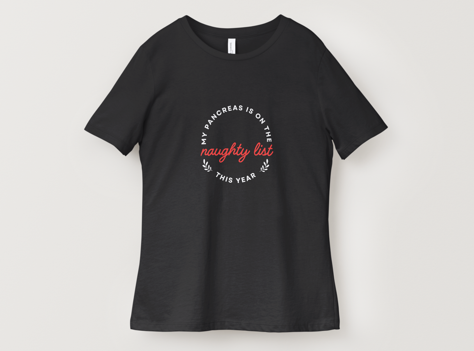 Black t-shirt with text design on a white background