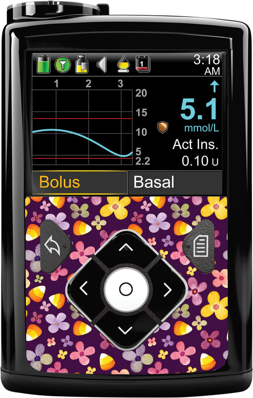 Purple Floral Sticker For Medtronic Minimed 670G Insulin Pump Whole System Peelz (Front Back + Clip)